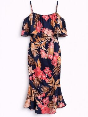 Tropical Floral Midi Dress Size Small Off Shoulder Ruffle Navy Pink